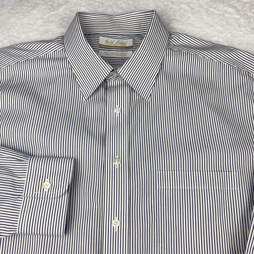 Roundtree & Yorke Gold Label Dress Shirt Mens 17-35 Blue/ Brown Stripes Non Iron